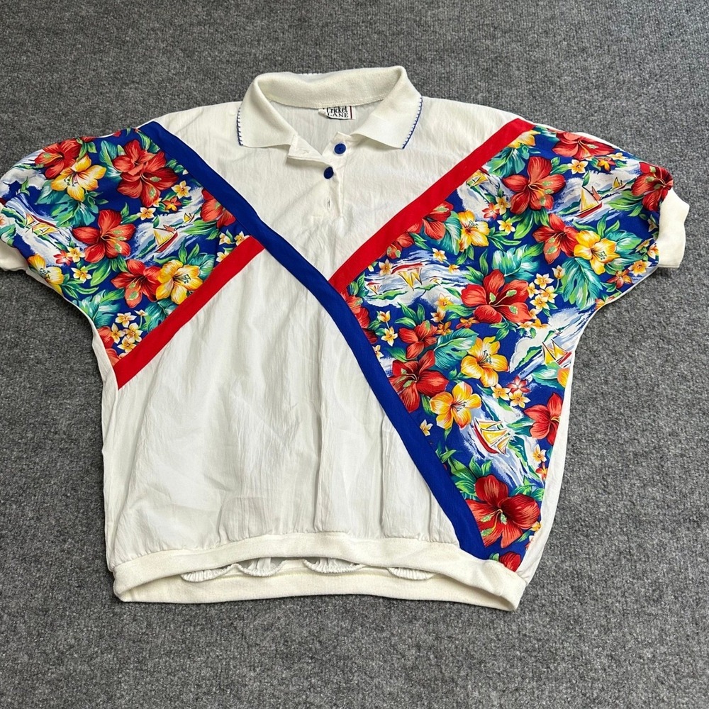 Cricket Lane Top Womens Size XL White Tropical Floral Sailboat Vintage Relaxed